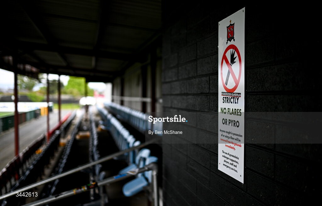 1 May 2026; A pyrotechnics warning is seen in the 'shed' before the SSE Airtricity Men's Premier Division match between Dundalk and Shelbourne at Oriel Park in Dundalk, Louth. Photo by Ben McShane/Sportsfile