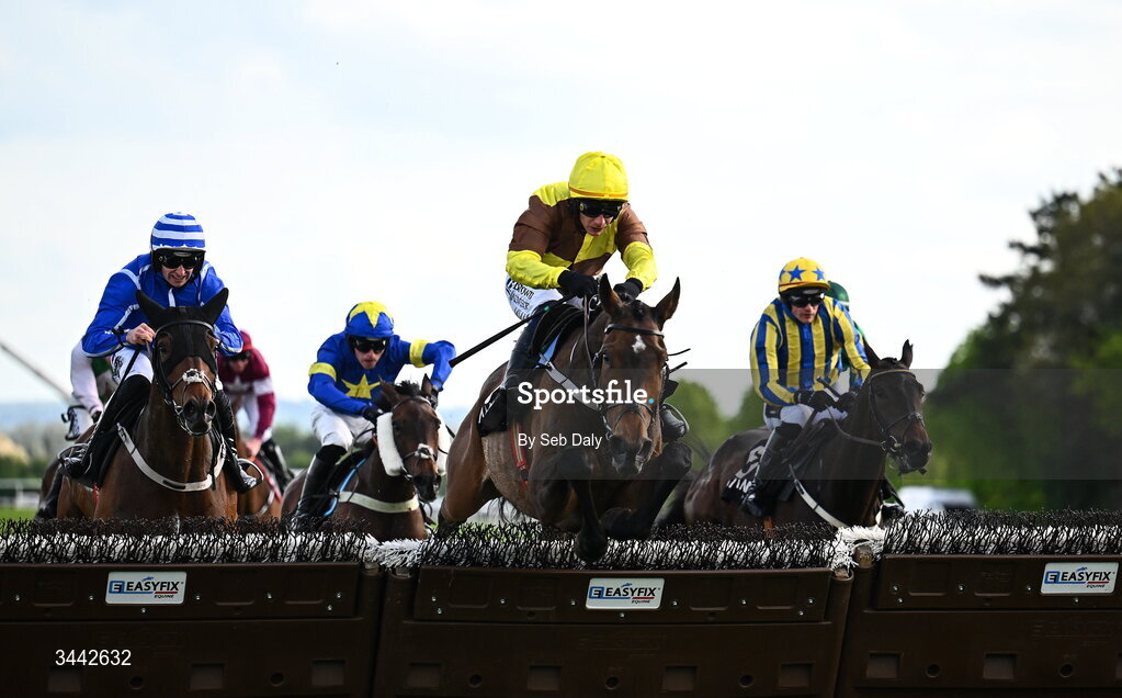 1 May 2026; King Rasko Grey, with Paul Townend up, jump the last on their way to winning the Alanna Homes Champion Novice Hurdle on day four of the Punchestown Festival at Punchestown Racecourse in Kildare. Photo by Seb Daly/Sportsfile