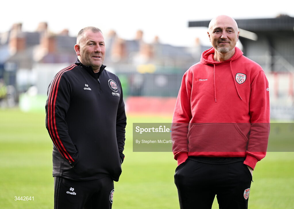 1 May 2026; Bohemians manager Alan Reynolds and Derry City physiotherapist Colum O'Neill before the SSE Airtricity Men's Premier Division match between Bohemians and Derry City at Dalymount Park in Dublin. Photo by Stephen McCarthy/Sportsfile