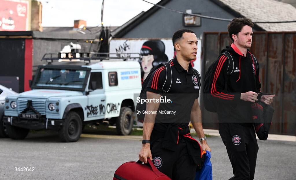 1 May 2026; Douglas James-Taylor and Patrick Hickey, right, of Bohemians arrive for the SSE Airtricity Men's Premier Division match between Bohemians and Derry City at Dalymount Park in Dublin. Photo by Stephen McCarthy/Sportsfile