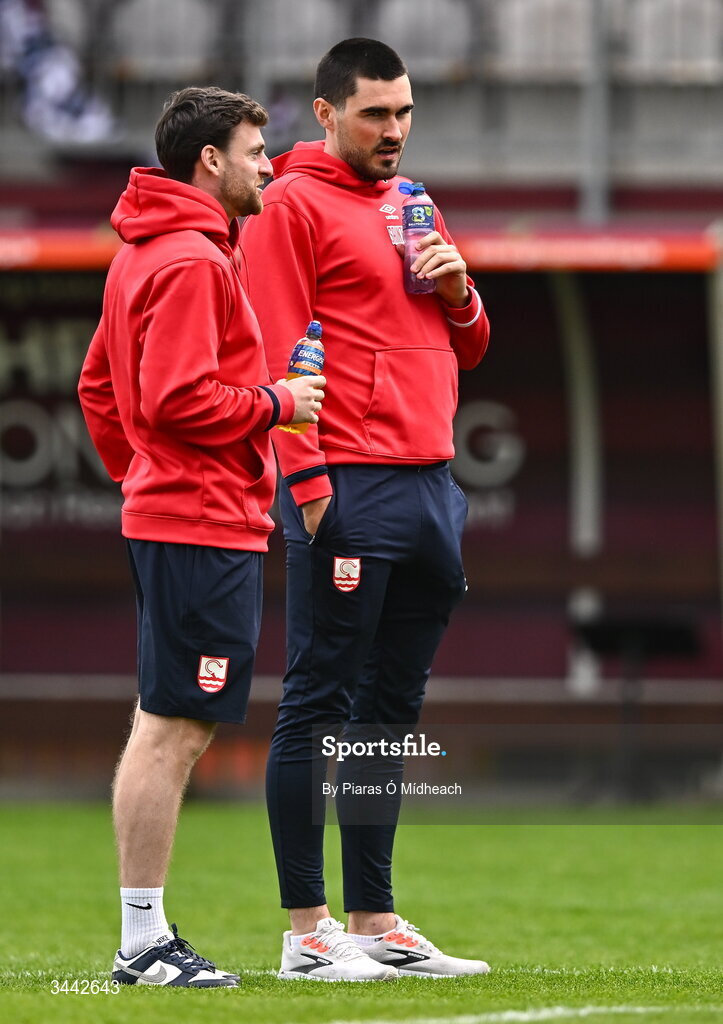 1 May 2026; Luke Turner, right, and Jay McClelland of St Patrick's Athletic before the SSE Airtricity Men's Premier Division match between Galway United and St Patrick's Athletic at Eamonn Deacy Park in Galway. Photo by Piaras Ó Mídheach/Sportsfile