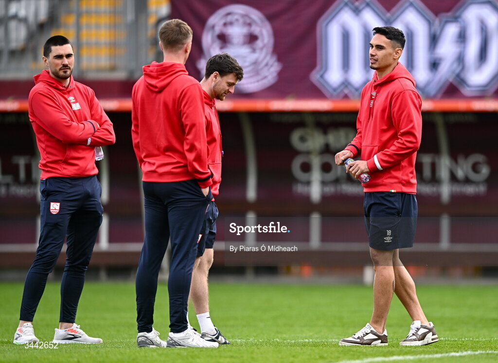1 May 2026; Max Mata of St Patrick's Athletic, right, with team-mates before the SSE Airtricity Men's Premier Division match between Galway United and St Patrick's Athletic at Eamonn Deacy Park in Galway. Photo by Piaras Ó Mídheach/Sportsfile