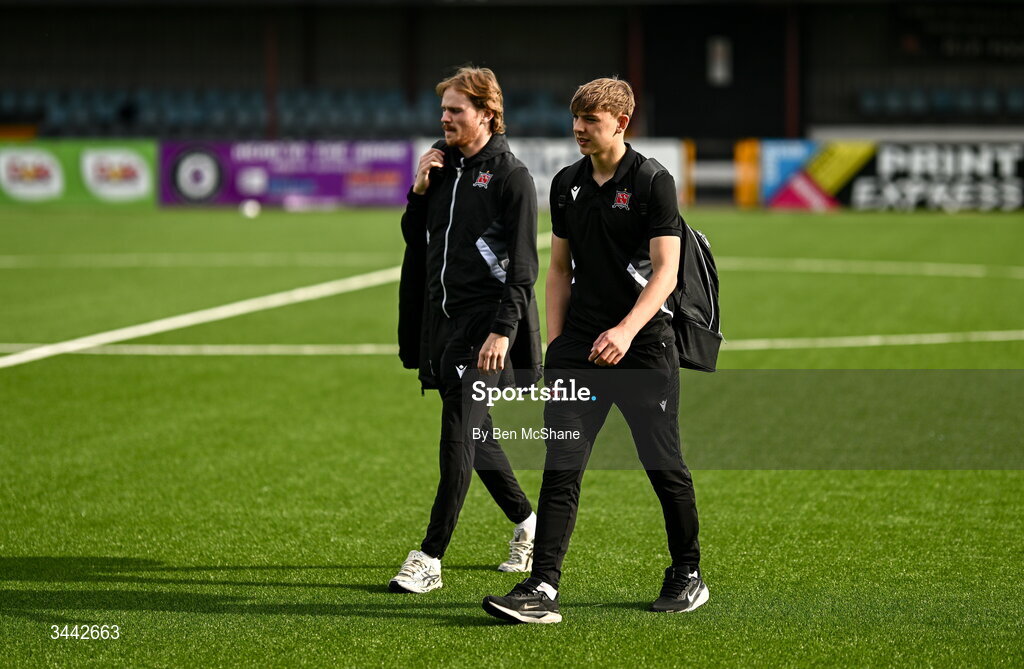 1 May 2026; Ronan Teahan, right, and Norman Garbett of Dundalk before the SSE Airtricity Men's Premier Division match between Dundalk and Shelbourne at Oriel Park in Dundalk, Louth. Photo by Ben McShane/Sportsfile