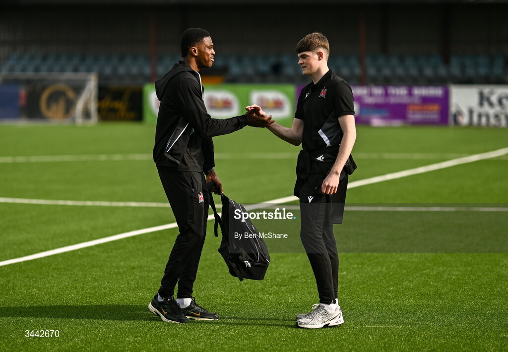 1 May 2026; Mayowa Animasahun, left, and Vinnie Leonard of Dundalk before the SSE Airtricity Men's Premier Division match between Dundalk and Shelbourne at Oriel Park in Dundalk, Louth. Photo by Ben McShane/Sportsfile