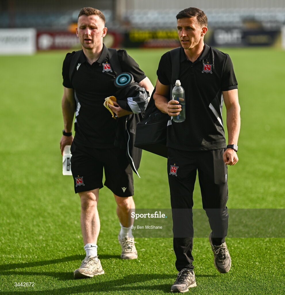 1 May 2026; Bobby Burns, left, and Keith Buckley of Dundalk before the SSE Airtricity Men's Premier Division match between Dundalk and Shelbourne at Oriel Park in Dundalk, Louth. Photo by Ben McShane/Sportsfile