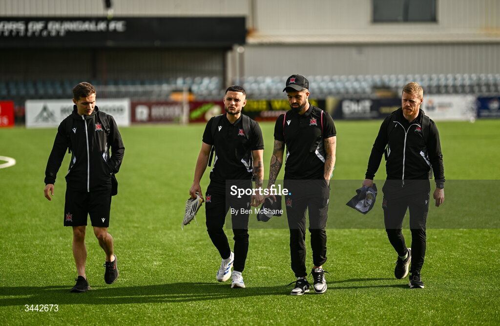 1 May 2026; Dundalk players, from left, Tyreke Wilson, Leo Gaxha, Declan McDaid and Daryl Horgan before the SSE Airtricity Men's Premier Division match between Dundalk and Shelbourne at Oriel Park in Dundalk, Louth. Photo by Ben McShane/Sportsfile