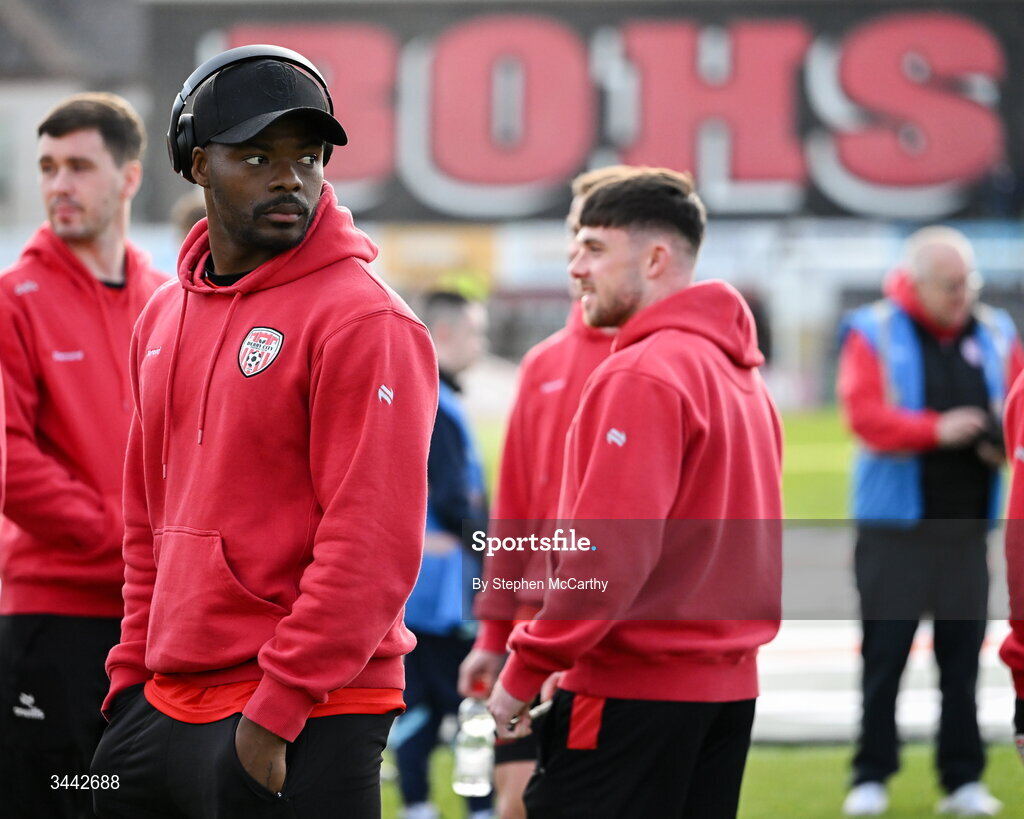 1 May 2026; Dipo Akinyemi of Derry City before the SSE Airtricity Men's Premier Division match between Bohemians and Derry City at Dalymount Park in Dublin. Photo by Stephen McCarthy/Sportsfile