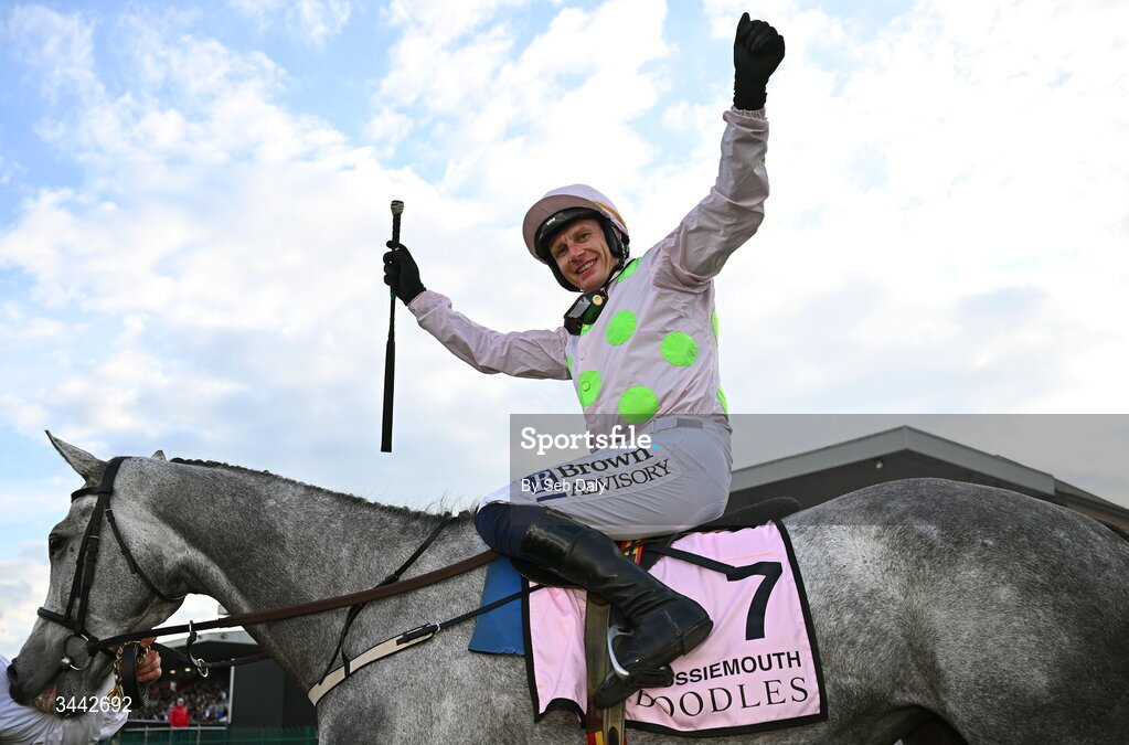 1 May 2026; Jockey Paul Townend celebrates on Lossiemouth after winning the Boodles Champion Hurdle on day four of the Punchestown Festival at Punchestown Racecourse in Kildare. Photo by Seb Daly/Sportsfile