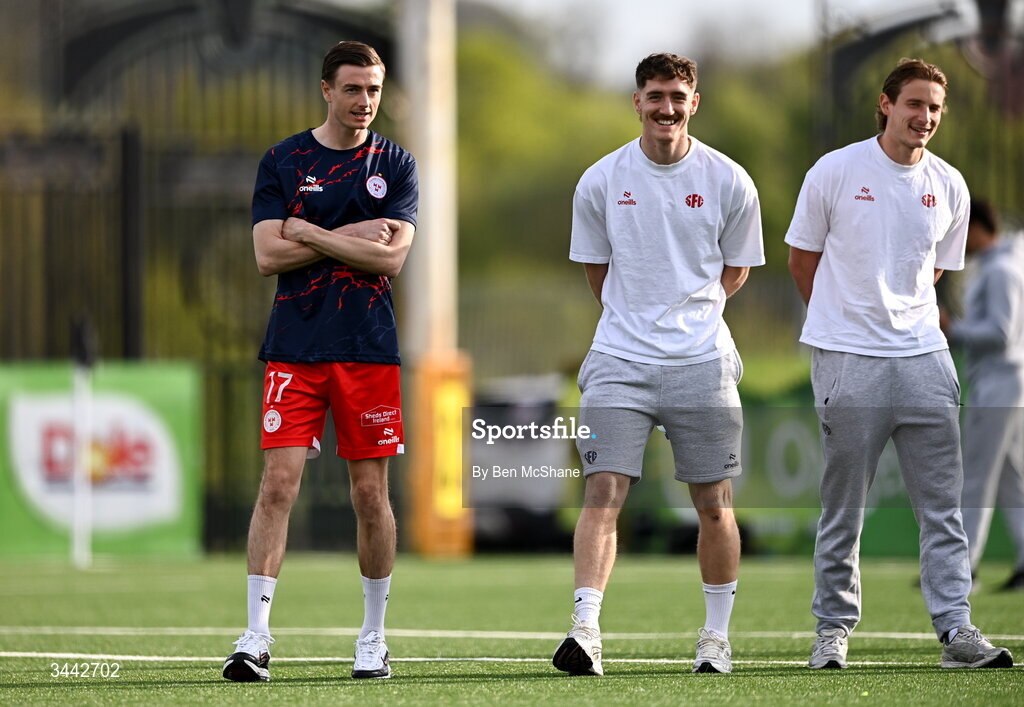 1 May 2026; Shelbourne players, from left, Daniel Kelly, John Martin and Harry Wood before the SSE Airtricity Men's Premier Division match between Dundalk and Shelbourne at Oriel Park in Dundalk, Louth. Photo by Ben McShane/Sportsfile