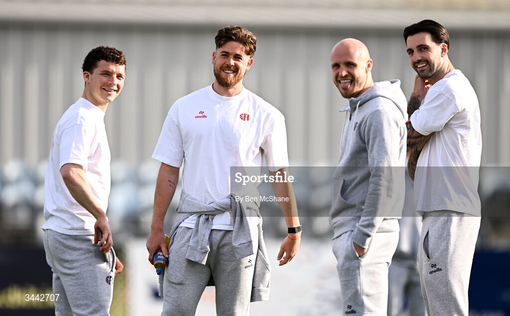 1 May 2026; Shelbourne players, from left, Ali Coote, Sam Bone, Kerr McInroy and Ellis Chapman before the SSE Airtricity Men's Premier Division match between Dundalk and Shelbourne at Oriel Park in Dundalk, Louth. Photo by Ben McShane/Sportsfile