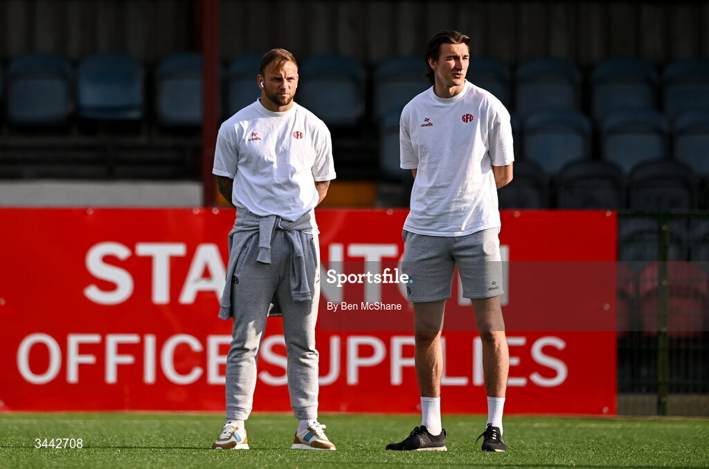 1 May 2026; Paddy Barrett, left, and Sean Boyd of Shelbourne before the SSE Airtricity Men's Premier Division match between Dundalk and Shelbourne at Oriel Park in Dundalk, Louth. Photo by Ben McShane/Sportsfile