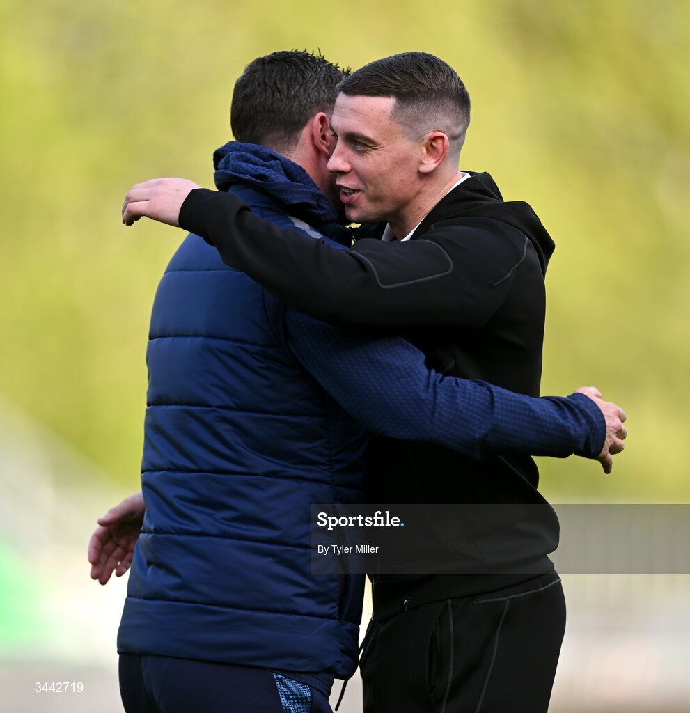 1 May 2026; Gary O'Neill of Shamrock Rovers, right, and Pádraig Amond of Waterford before the SSE Airtricity Men's Premier Division match between Shamrock Rovers and Waterford at Tallaght Stadium in Dublin. Photo by Tyler Miller/Sportsfile