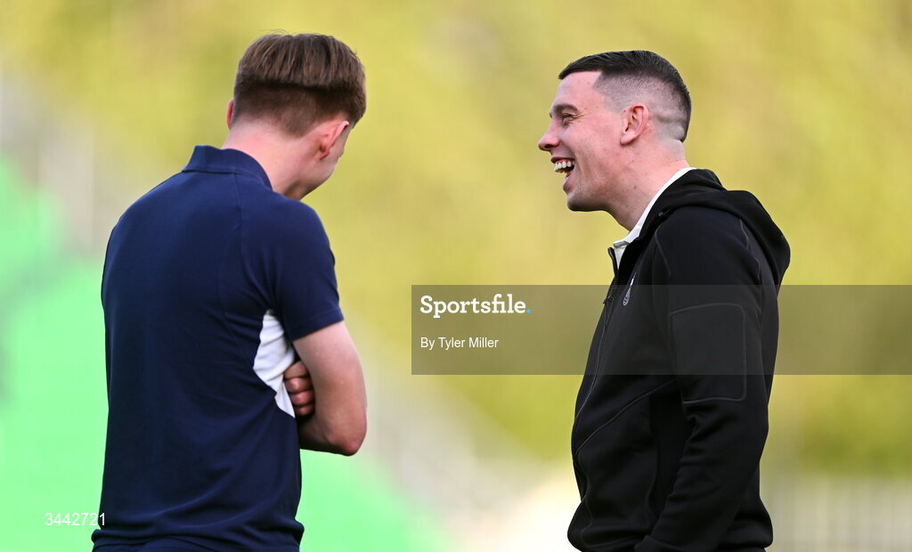1 May 2026; Gary O'Neill of Shamrock Rovers, right, and Conan Noonan of Waterford before the SSE Airtricity Men's Premier Division match between Shamrock Rovers and Waterford at Tallaght Stadium in Dublin. Photo by Tyler Miller/Sportsfile