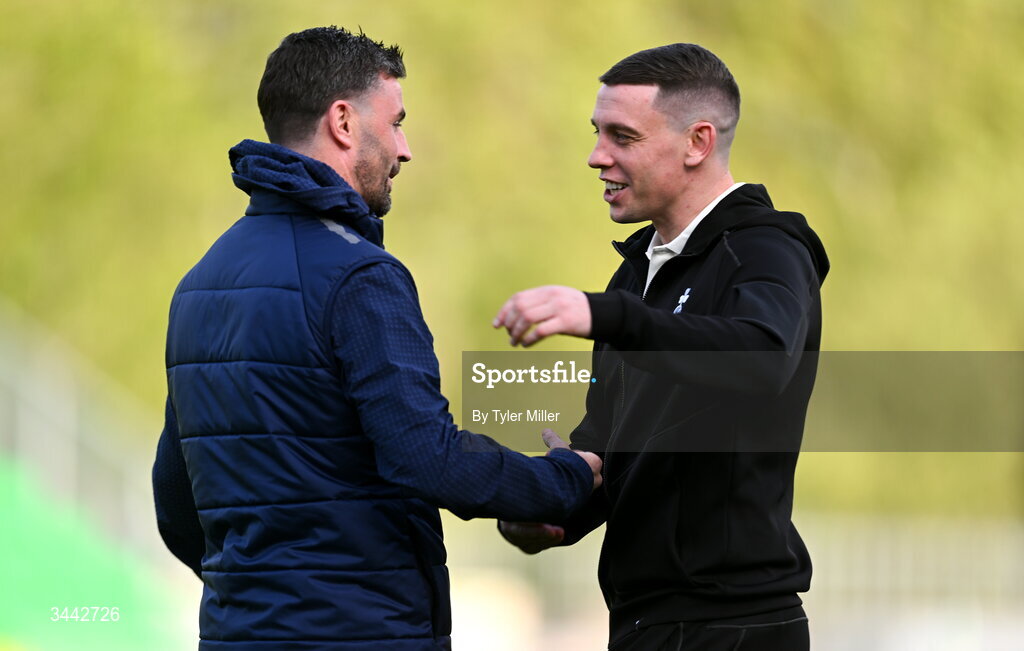 1 May 2026; Gary O'Neill of Shamrock Rovers, right, and Pádraig Amond of Waterford before the SSE Airtricity Men's Premier Division match between Shamrock Rovers and Waterford at Tallaght Stadium in Dublin. Photo by Tyler Miller/Sportsfile