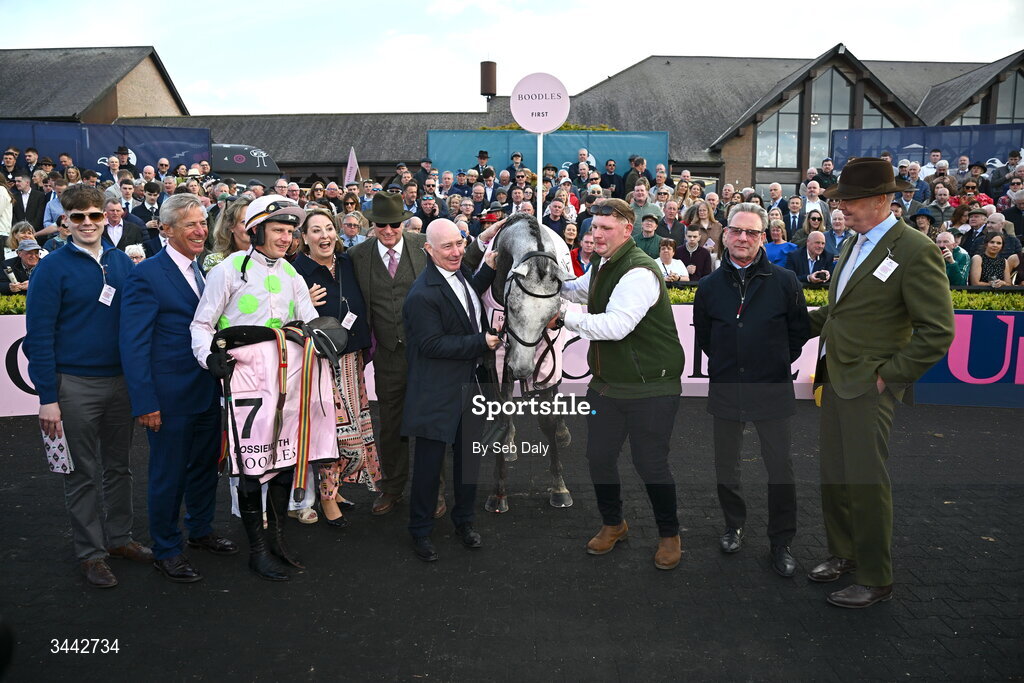 1 May 2026; Winning connections, including jockey Paul Townend, David Casey, representing trainer Willie Mullins, owner Rich Ricci, celebrate with Lossiemouth after winning the Boodles Champion Hurdle on day four of the Punchestown Festival at Punchestown Racecourse in Kildare. Photo by Seb Daly/Sportsfile
