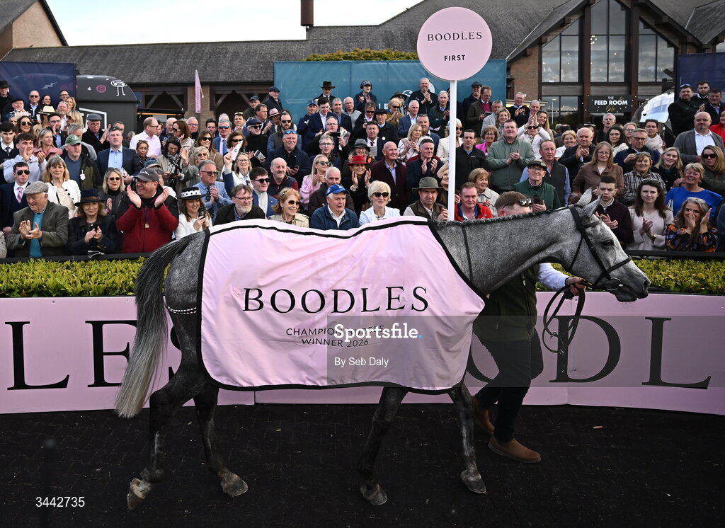 1 May 2026; Lossiemouth is paraded after winning the Boodles Champion Hurdle on day four of the Punchestown Festival at Punchestown Racecourse in Kildare. Photo by Seb Daly/Sportsfile