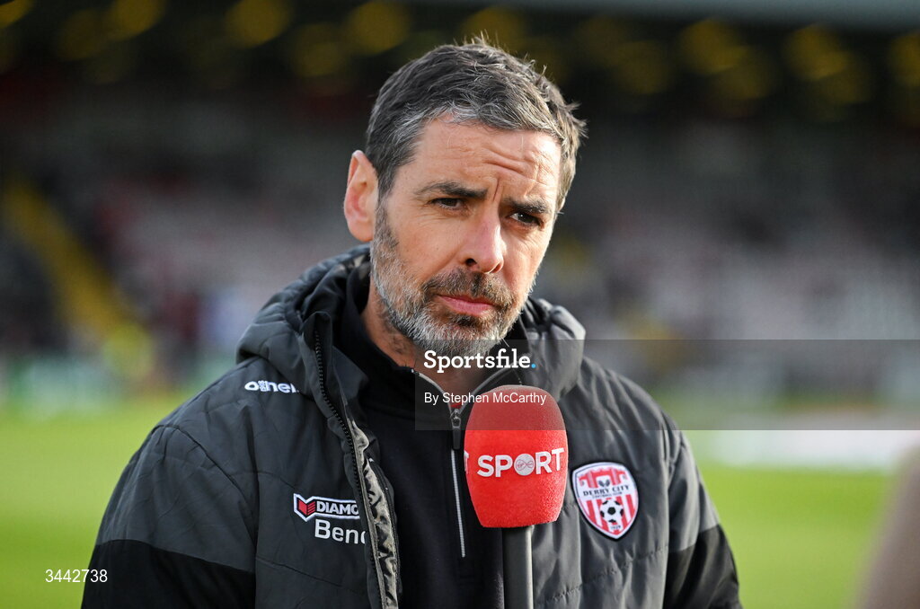 1 May 2026; Derry City manager Tiernan Lynch speaks to Virgin Media Sport before the SSE Airtricity Men's Premier Division match between Bohemians and Derry City at Dalymount Park in Dublin. Photo by Stephen McCarthy/Sportsfile