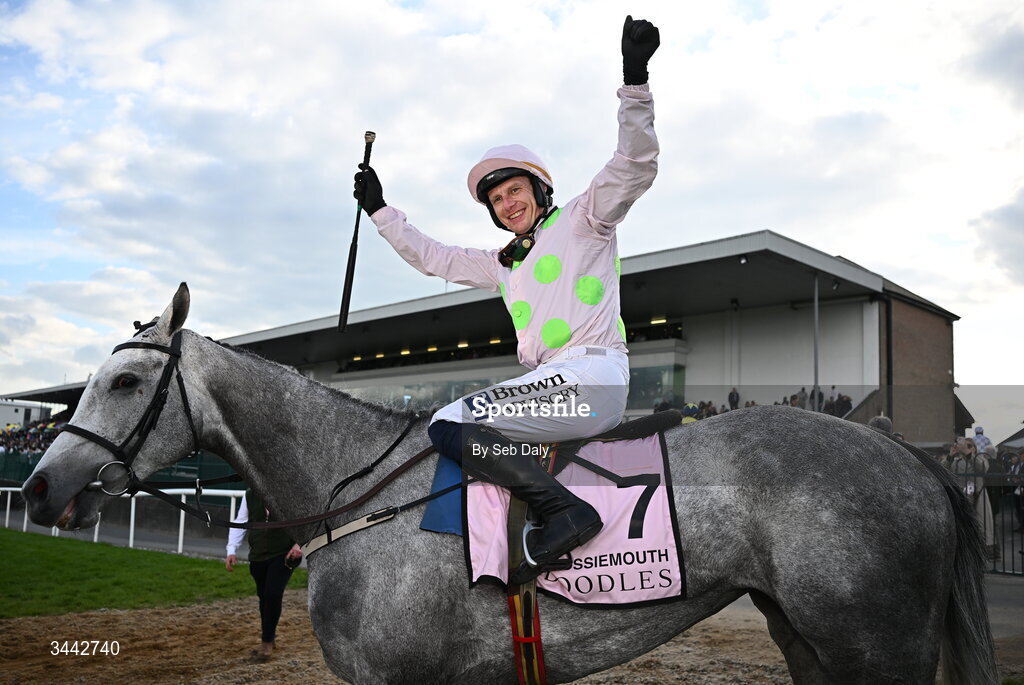 1 May 2026; Jockey Paul Townend celebrates on Lossiemouth after winning the Boodles Champion Hurdle on day four of the Punchestown Festival at Punchestown Racecourse in Kildare. Photo by Seb Daly/Sportsfile