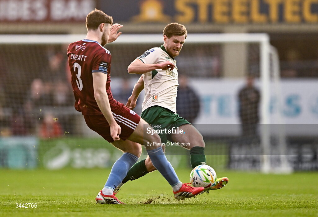 1 May 2026; Barry Baggley of St Patrick's Athletic in action against Connor Barratt of Galway United during the SSE Airtricity Men's Premier Division match between Galway United and St Patrick's Athletic at Eamonn Deacy Park in Galway. Photo by Piaras Ó Mídheach/Sportsfile