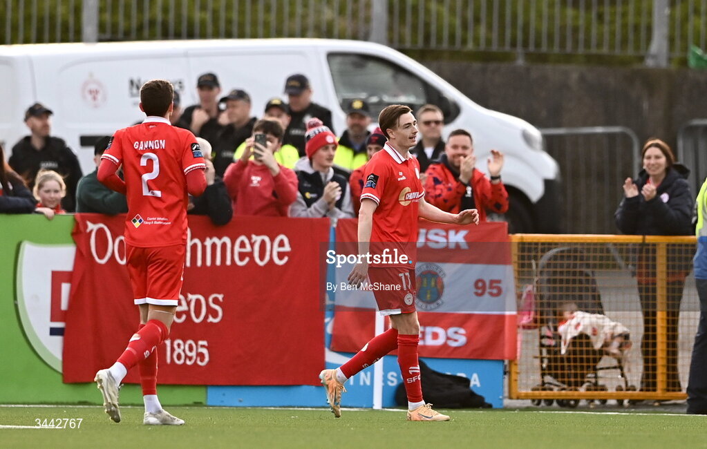 1 May 2026; Daniel Kelly of Shelbourne after scoring their side's first goal during the SSE Airtricity Men's Premier Division match between Dundalk and Shelbourne at Oriel Park in Dundalk, Louth. Photo by Ben McShane/Sportsfile