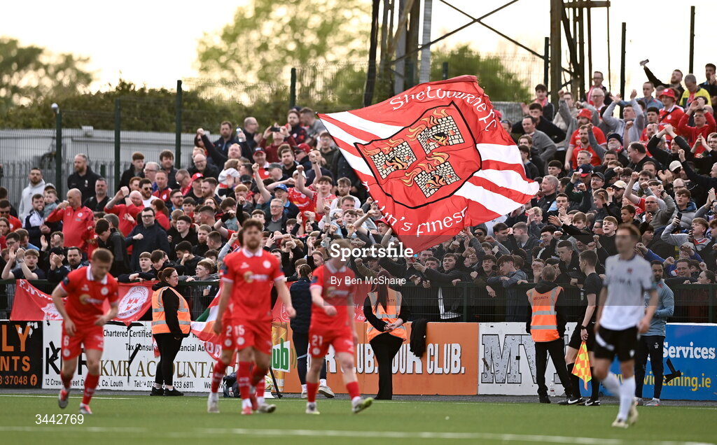 1 May 2026; Shelbourne supporters celebrate after their first goal, scored by Daniel Kelly, during the SSE Airtricity Men's Premier Division match between Dundalk and Shelbourne at Oriel Park in Dundalk, Louth. Photo by Ben McShane/Sportsfile