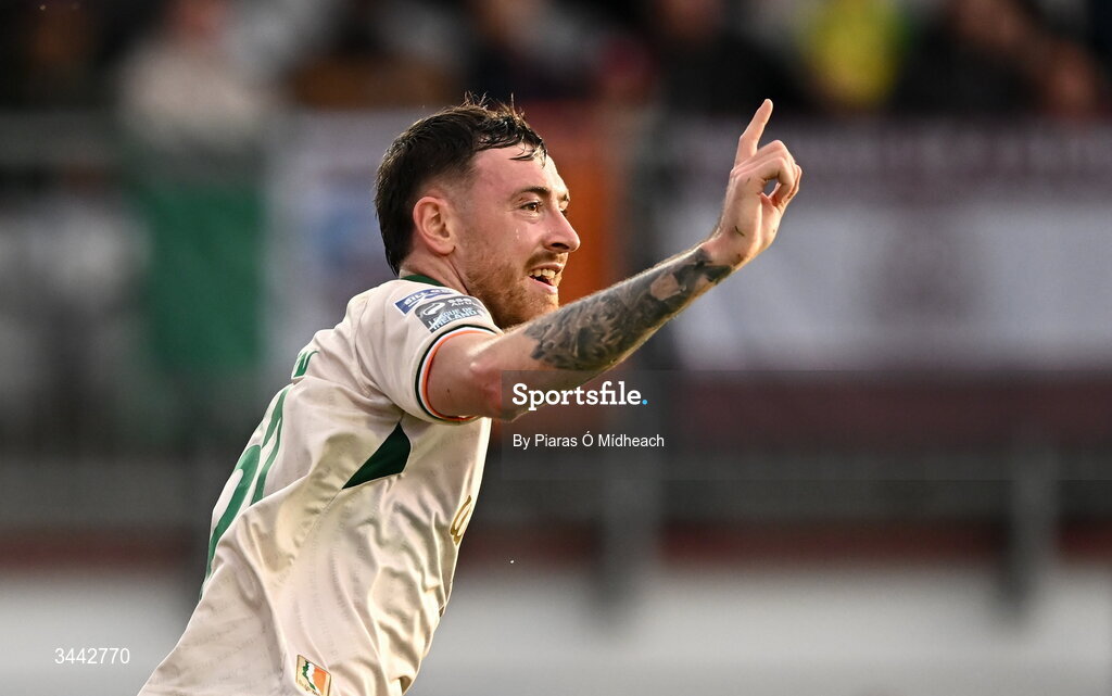 1 May 2026; Ryan Edmondson of St Patrick's Athletic celebrates scoring his side's first goal during the SSE Airtricity Men's Premier Division match between Galway United and St Patrick's Athletic at Eamonn Deacy Park in Galway. Photo by Piaras Ó Mídheach/Sportsfile