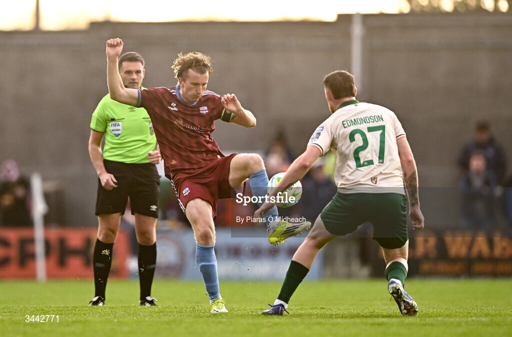 1 May 2026; David Hurley of Galway United in action against Ryan Edmondson of St Patrick's Athletic during the SSE Airtricity Men's Premier Division match between Galway United and St Patrick's Athletic at Eamonn Deacy Park in Galway. Photo by Piaras Ó Mídheach/Sportsfile