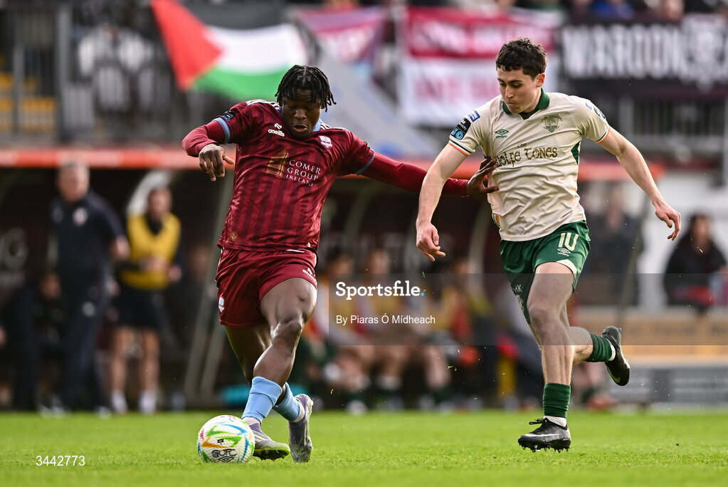 1 May 2026; Al-Amin Kazeem of Galway United in action against Kian Leavy of St Patrick's Athletic during the SSE Airtricity Men's Premier Division match between Galway United and St Patrick's Athletic at Eamonn Deacy Park in Galway. Photo by Piaras Ó Mídheach/Sportsfile
