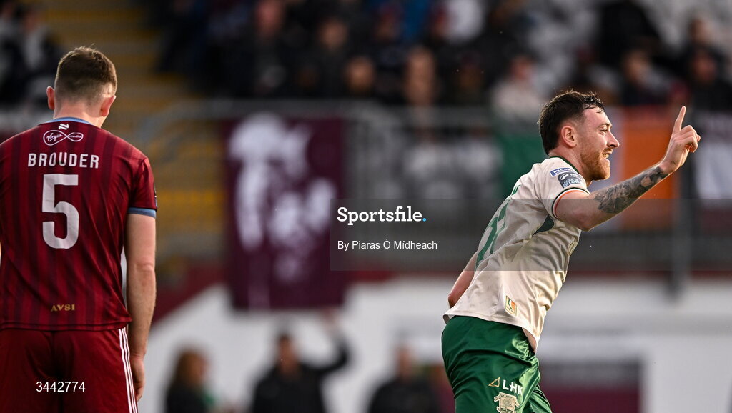 1 May 2026; Ryan Edmondson of St Patrick's Athletic celebrates scoring his side's first goal during the SSE Airtricity Men's Premier Division match between Galway United and St Patrick's Athletic at Eamonn Deacy Park in Galway. Photo by Piaras Ó Mídheach/Sportsfile