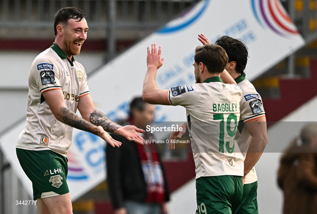 1 May 2026; Ryan Edmondson of St Patrick's Athletic, left, celebrates with team-mates Barry Baggley, 19, and James Brown after scoring their side's first goal during the SSE Airtricity Men's Premier Division match between Galway United and St Patrick's Athletic at Eamonn Deacy Park in Galway. Photo by Piaras Ó Mídheach/Sportsfile