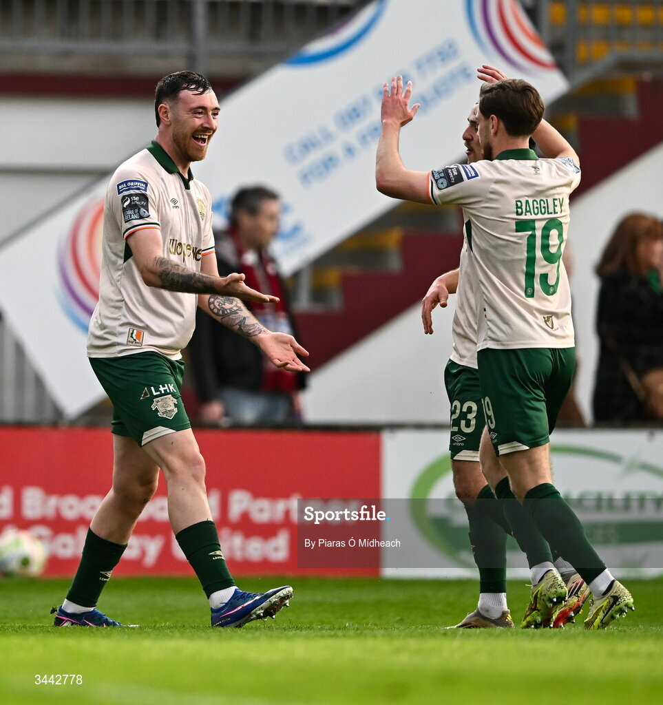 1 May 2026; Ryan Edmondson of St Patrick's Athletic, left, celebrates with team-mates Barry Baggley, 19, and James Brown after scoring their side's first goal during the SSE Airtricity Men's Premier Division match between Galway United and St Patrick's Athletic at Eamonn Deacy Park in Galway. Photo by Piaras Ó Mídheach/Sportsfile
