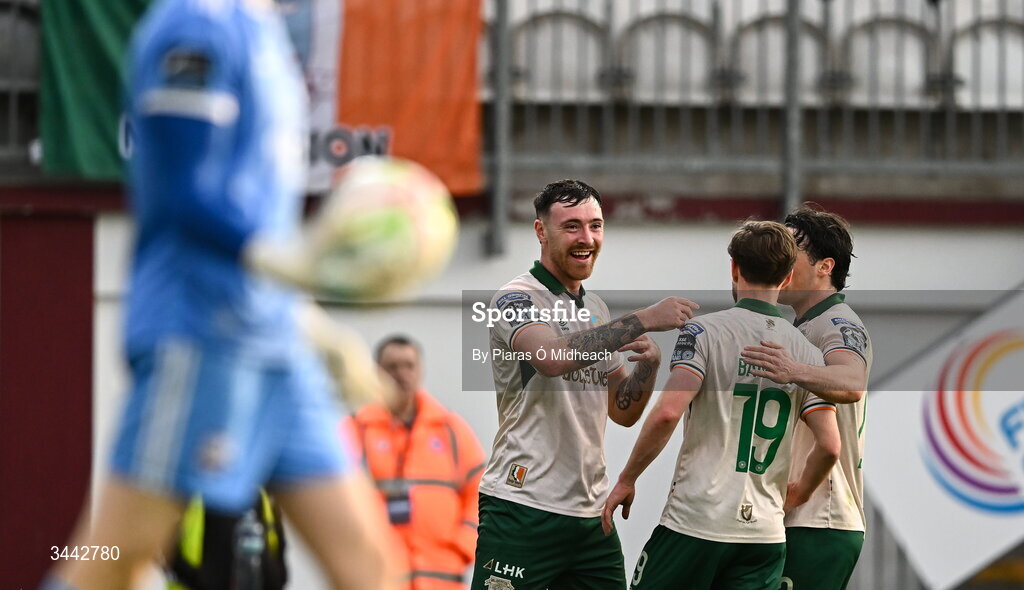 1 May 2026; Ryan Edmondson of St Patrick's Athletic, left, celebrates with team-mates Barry Baggley, 19, and James Brown after scoring their side's first goal during the SSE Airtricity Men's Premier Division match between Galway United and St Patrick's Athletic at Eamonn Deacy Park in Galway. Photo by Piaras Ó Mídheach/Sportsfile