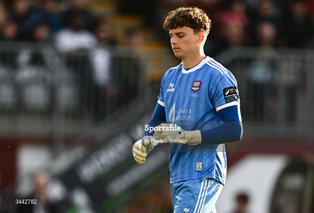 1 May 2026; Galway United goalkeeper Evan Watts walks back to his goal after the first goal for St Patrick's Athletic during the SSE Airtricity Men's Premier Division match between Galway United and St Patrick's Athletic at Eamonn Deacy Park in Galway. Photo by Piaras Ó Mídheach/Sportsfile