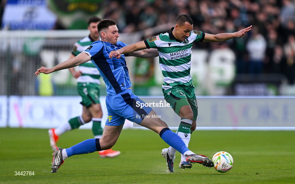 1 May 2026; Graham Burke of Shamrock Rovers in action against Hayden Cann of Waterford during the SSE Airtricity Men's Premier Division match between Shamrock Rovers and Waterford at Tallaght Stadium in Dublin. Photo by Tyler Miller/Sportsfile