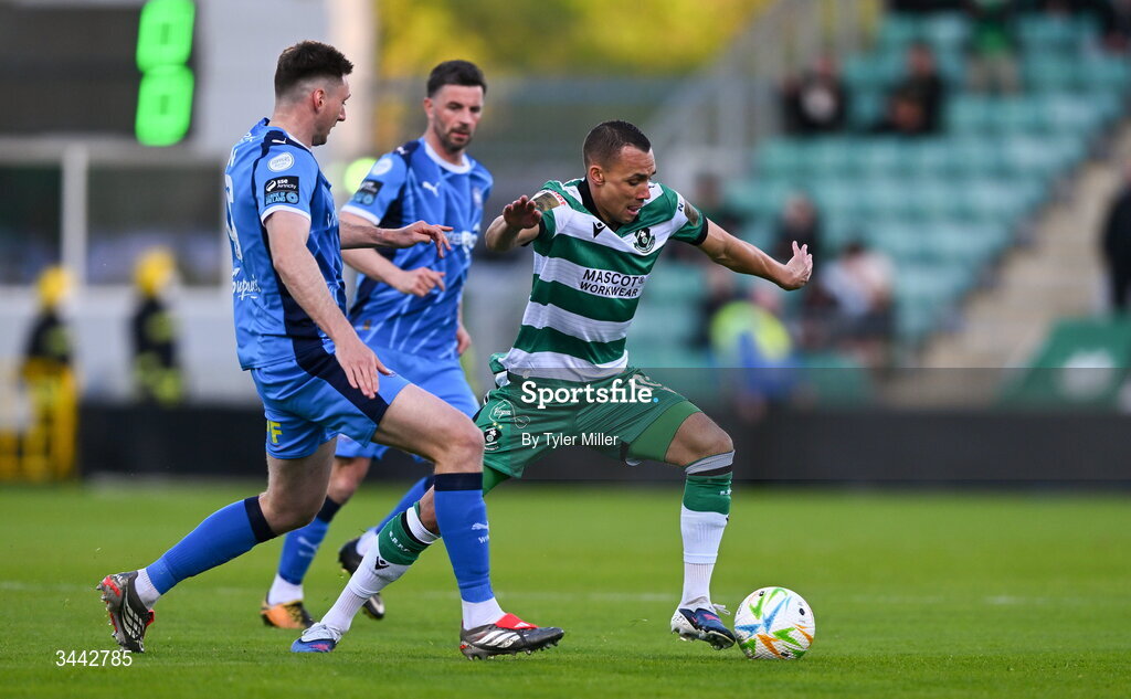 1 May 2026; Graham Burke of Shamrock Rovers in action against Hayden Cann of Waterford during the SSE Airtricity Men's Premier Division match between Shamrock Rovers and Waterford at Tallaght Stadium in Dublin. Photo by Tyler Miller/Sportsfile