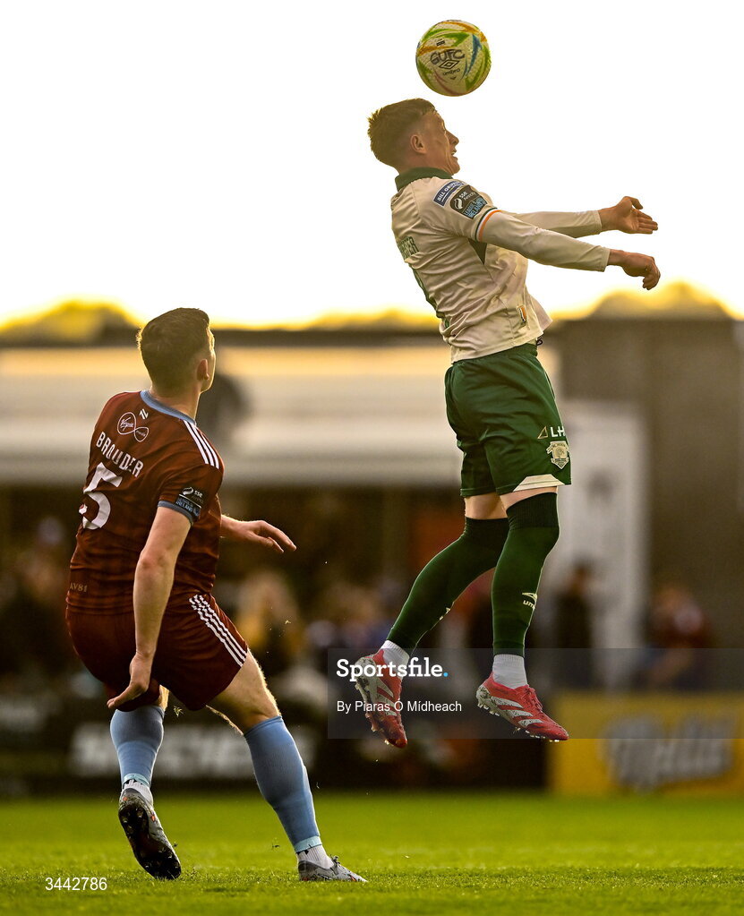 1 May 2026; Chris Forrester of St Patrick's Athletic in action against Killian Brouder of Galway United during the SSE Airtricity Men's Premier Division match between Galway United and St Patrick's Athletic at Eamonn Deacy Park in Galway. Photo by Piaras Ó Mídheach/Sportsfile