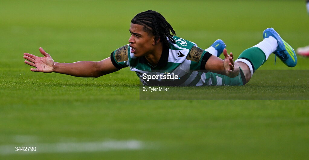 1 May 2026; Victor Ozhianvuna of Shamrock Rovers appeals for a free-kick during the SSE Airtricity Men's Premier Division match between Shamrock Rovers and Waterford at Tallaght Stadium in Dublin. Photo by Tyler Miller/Sportsfile