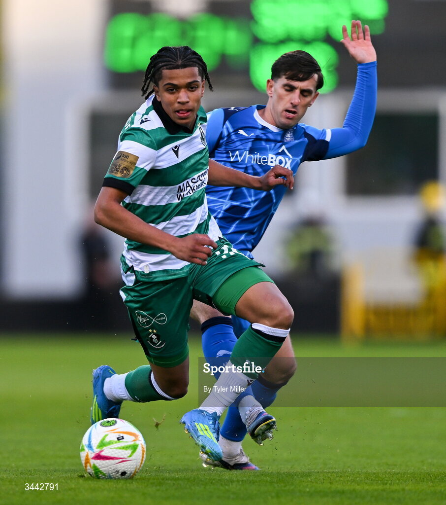 1 May 2026; Victor Ozhianvuna of Shamrock Rovers in action against Dean McMenamy of Waterford during the SSE Airtricity Men's Premier Division match between Shamrock Rovers and Waterford at Tallaght Stadium in Dublin. Photo by Tyler Miller/Sportsfile