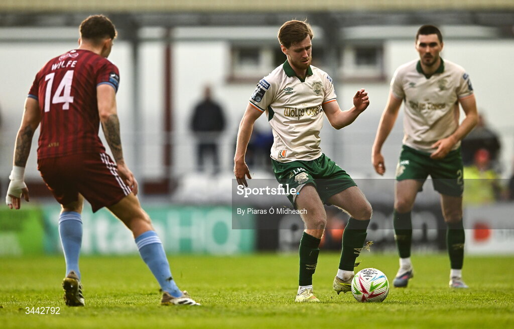 1 May 2026; Barry Baggley of St Patrick's Athletic in action against Matthew Wolfe of Galway United during the SSE Airtricity Men's Premier Division match between Galway United and St Patrick's Athletic at Eamonn Deacy Park in Galway. Photo by Piaras Ó Mídheach/Sportsfile