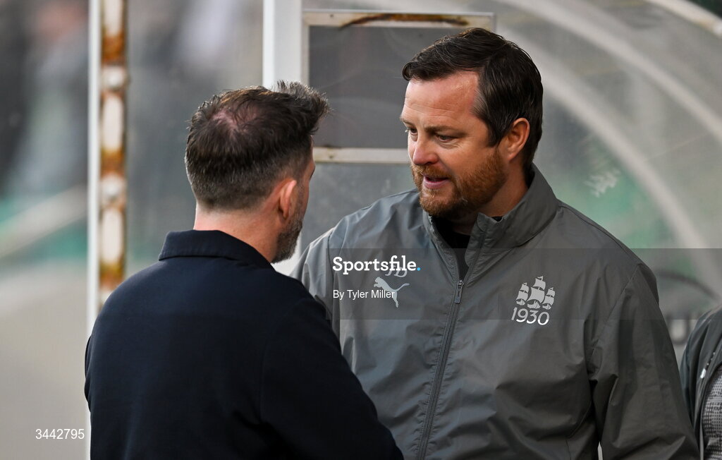 1 May 2026; Waterford manager Jon Daly and Shamrock Rovers manager Stephen Bradley before the SSE Airtricity Men's Premier Division match between Shamrock Rovers and Waterford at Tallaght Stadium in Dublin. Photo by Tyler Miller/Sportsfile