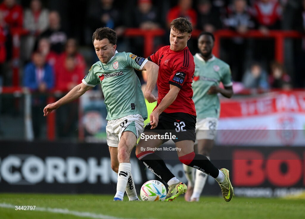 1 May 2026; Darragh Markey of Derry City in action against Markuss Strods of Bohemians during the SSE Airtricity Men's Premier Division match between Bohemians and Derry City at Dalymount Park in Dublin. Photo by Stephen McCarthy/Sportsfile