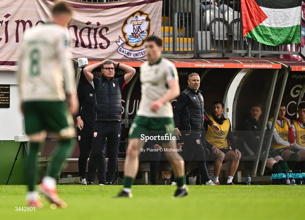 1 May 2026; St Patrick's Athletic manager Stephen Kenny reacts during the SSE Airtricity Men's Premier Division match between Galway United and St Patrick's Athletic at Eamonn Deacy Park in Galway. Photo by Piaras Ó Mídheach/Sportsfile