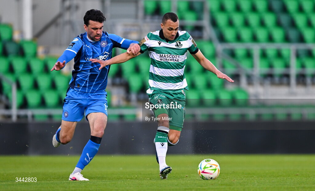 1 May 2026; Graham Burke of Shamrock Rovers in action against John Mahon of Waterford during the SSE Airtricity Men's Premier Division match between Shamrock Rovers and Waterford at Tallaght Stadium in Dublin. Photo by Tyler Miller/Sportsfile