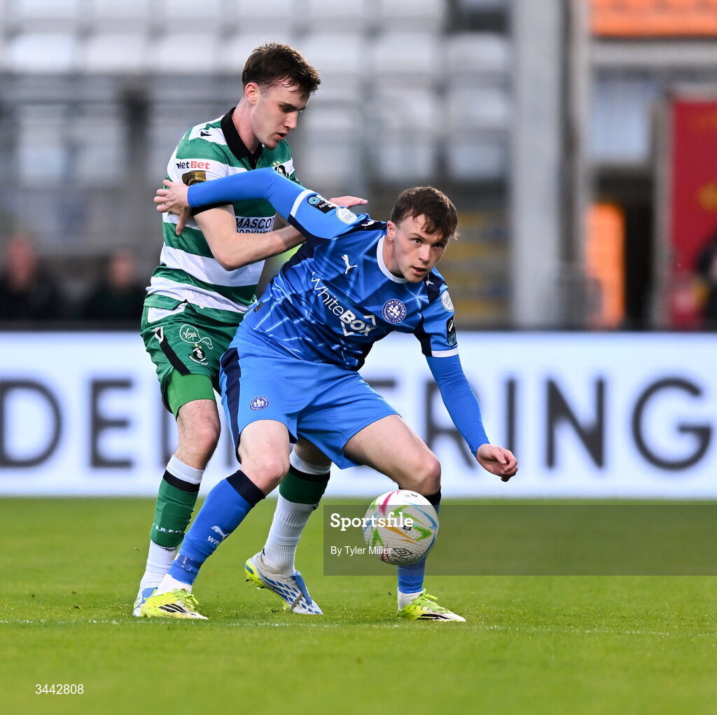1 May 2026; Conor Carty of Waterford in action against Matt Healy of Shamrock Rovers during the SSE Airtricity Men's Premier Division match between Shamrock Rovers and Waterford at Tallaght Stadium in Dublin. Photo by Tyler Miller/Sportsfile