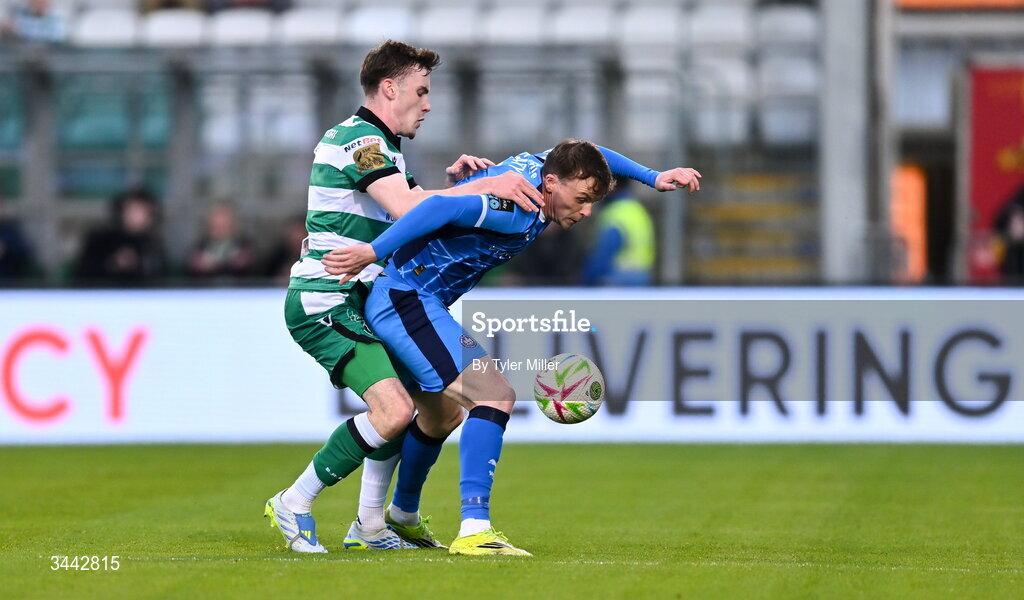 1 May 2026; Conor Carty of Waterford in action against Matt Healy of Shamrock Rovers during the SSE Airtricity Men's Premier Division match between Shamrock Rovers and Waterford at Tallaght Stadium in Dublin. Photo by Tyler Miller/Sportsfile