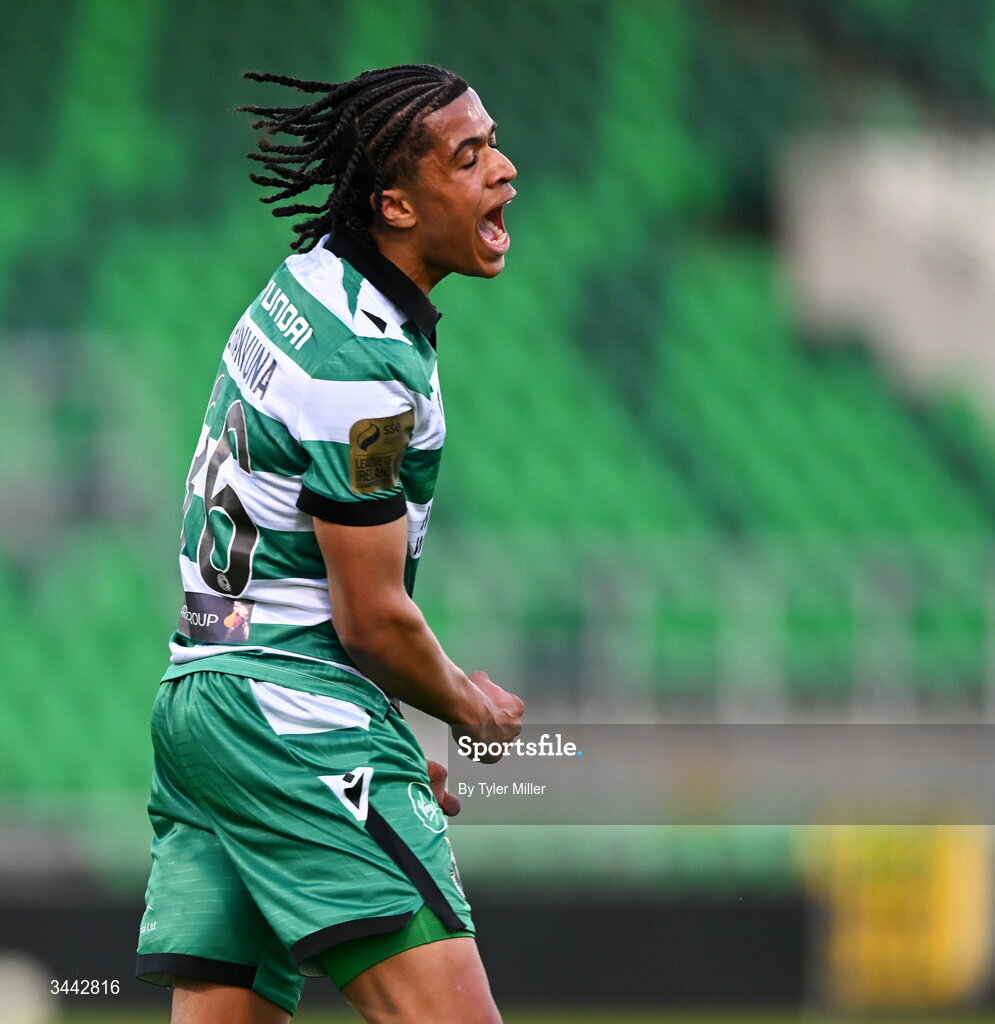 1 May 2026; Victor Ozhianvuna of Shamrock Rovers reacts to a missed opportunity on goal during the SSE Airtricity Men's Premier Division match between Shamrock Rovers and Waterford at Tallaght Stadium in Dublin. Photo by Tyler Miller/Sportsfile