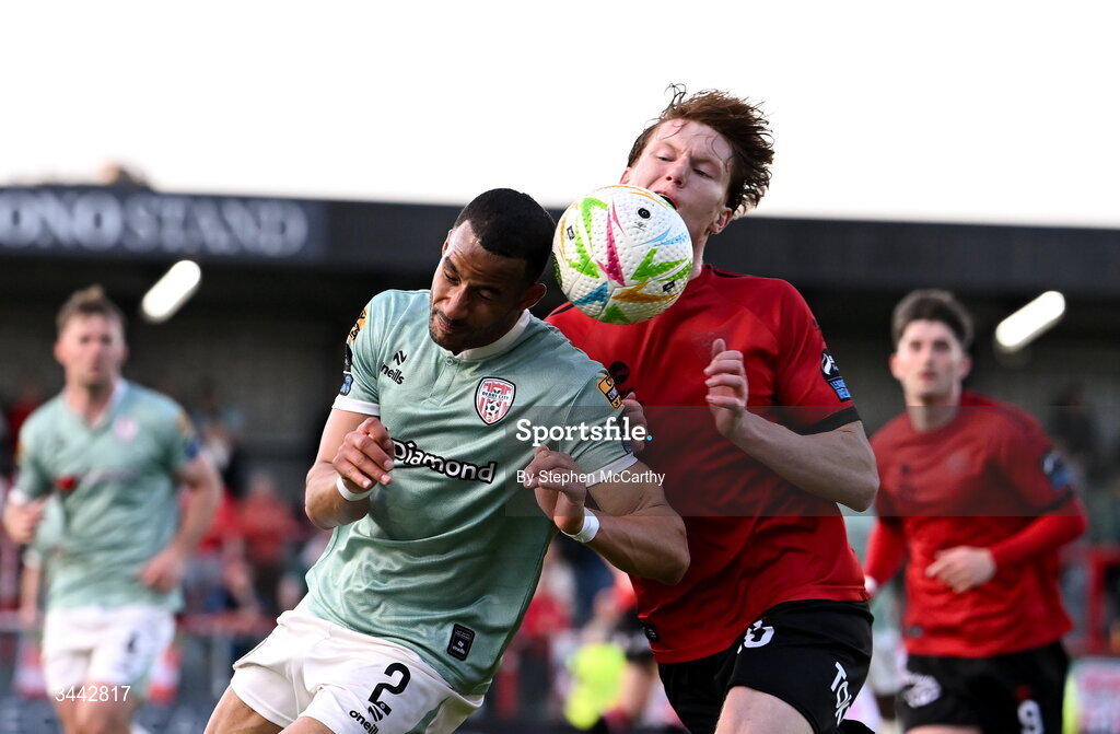 1 May 2026; Barry Cotter of Derry City in action against Senan Mullen of Bohemians during the SSE Airtricity Men's Premier Division match between Bohemians and Derry City at Dalymount Park in Dublin. Photo by Stephen McCarthy/Sportsfile
