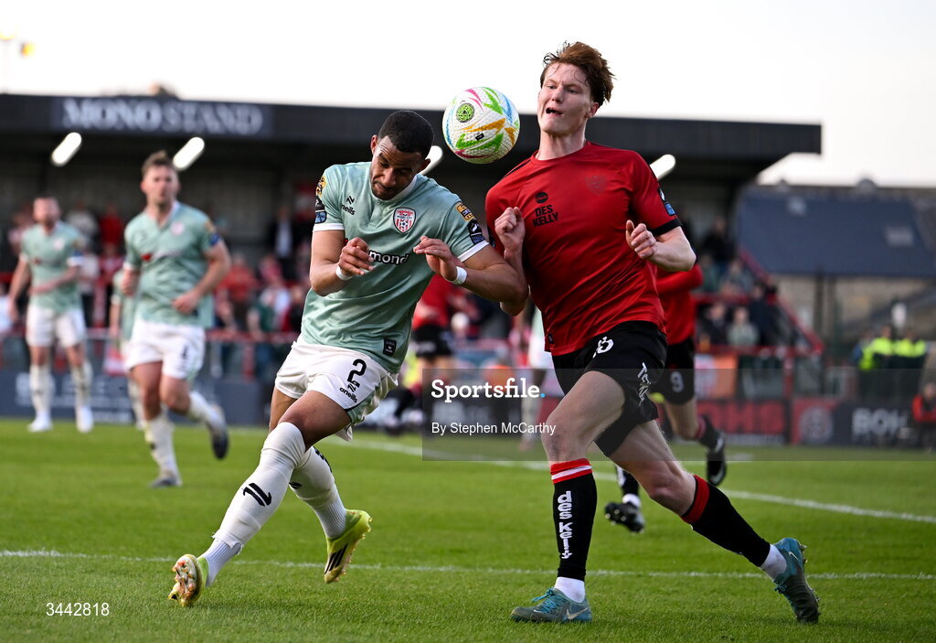 1 May 2026; Barry Cotter of Derry City in action against Senan Mullen of Bohemians during the SSE Airtricity Men's Premier Division match between Bohemians and Derry City at Dalymount Park in Dublin. Photo by Stephen McCarthy/Sportsfile