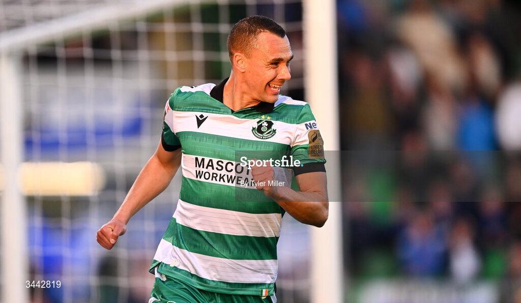 1 May 2026; Graham Burke of Shamrock Rovers celebrates after scoring his side's first goal during the SSE Airtricity Men's Premier Division match between Shamrock Rovers and Waterford at Tallaght Stadium in Dublin. Photo by Tyler Miller/Sportsfile