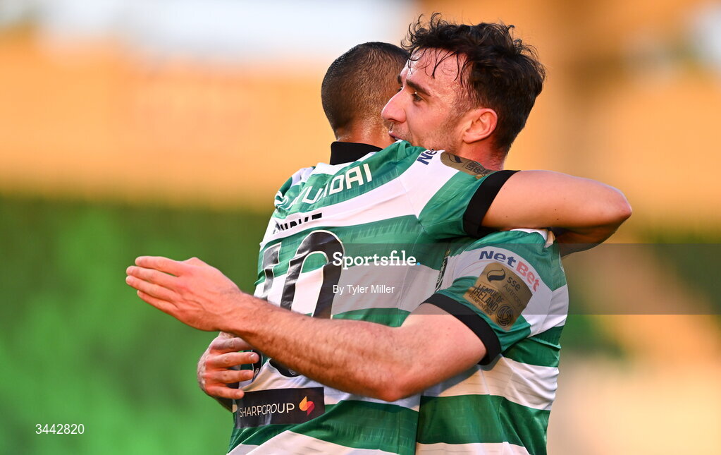 1 May 2026; Graham Burke of Shamrock Rovers, left, celebrates with teammate Enda Stevens after scoring their side's first goal during the SSE Airtricity Men's Premier Division match between Shamrock Rovers and Waterford at Tallaght Stadium in Dublin. Photo by Tyler Miller/Sportsfile